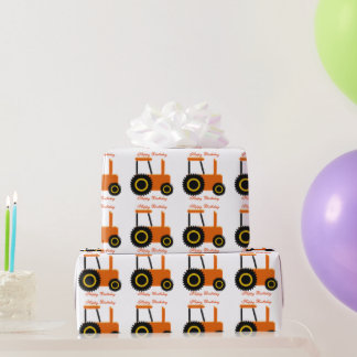 Orange Tractor Birthday Wrapping Paper