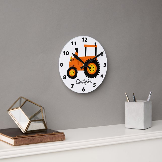 Orange Tractor Design Personalised Round Clock (Office)
