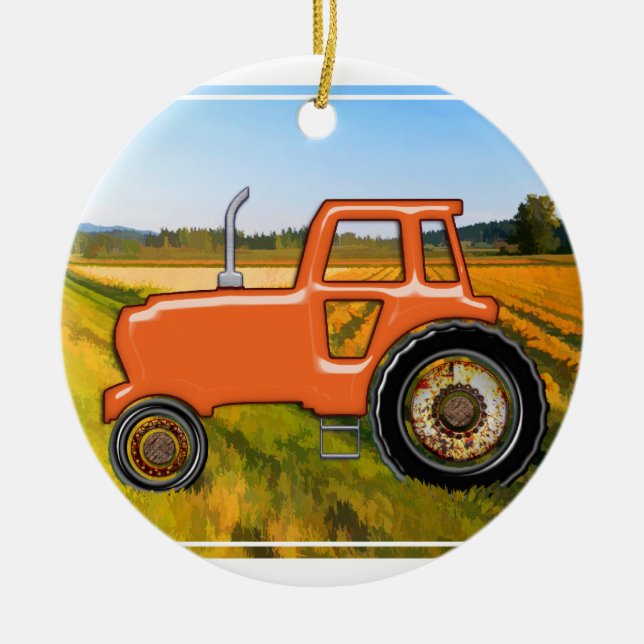 Orange Tractor  in the Fields Ceramic Tree Decoration (Front)