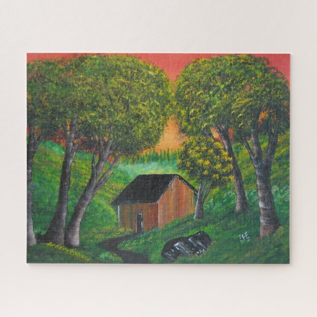Orange Trapper Shack Wood Forest Landscape Jigsaw Puzzle (Horizontal)