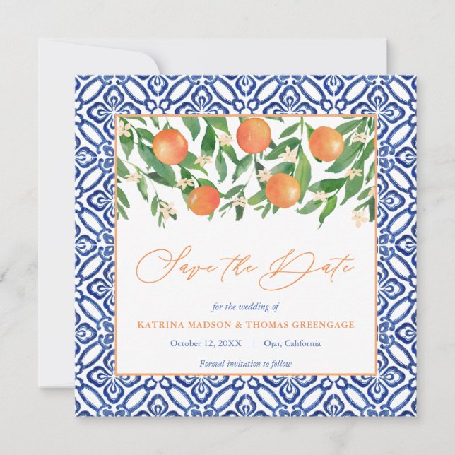 Orange Tree Citrus Wedding Mediterranean Blue Tile Save The Date (Front)