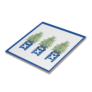 Orange tree Topiary Blue Chinoiserie  Ceramic Tile