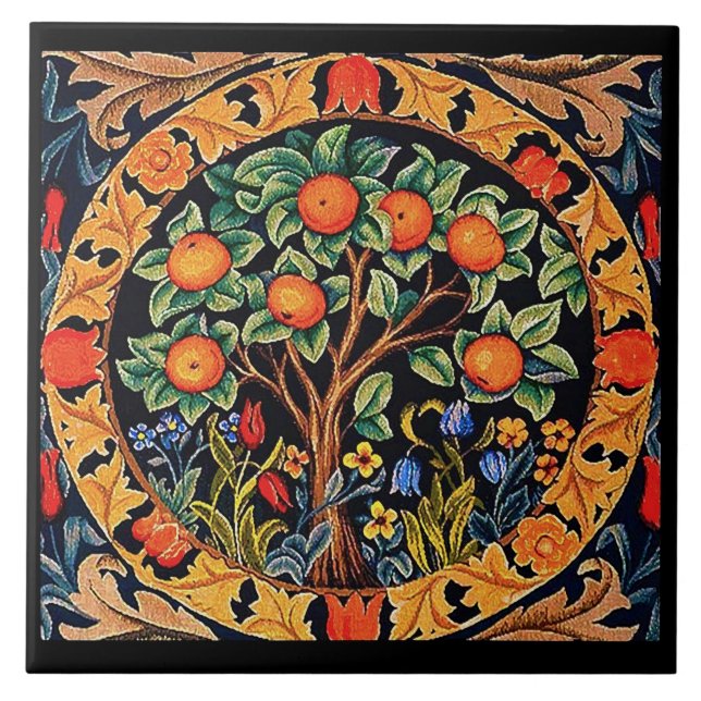 ORANGE TREE WITH GREEN LEAVES,FLOWERS CERAMIC TILE (Front)