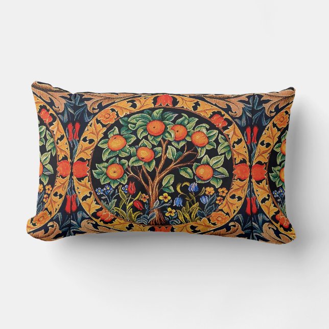 ORANGE TREE WITH GREEN LEAVES,FLOWERS LUMBAR CUSHION (Front)