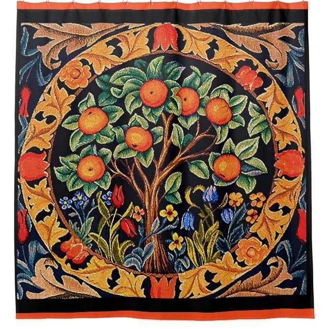 ORANGE TREE WITH GREEN LEAVES,FLOWERS  SHOWER CURTAIN (Front)