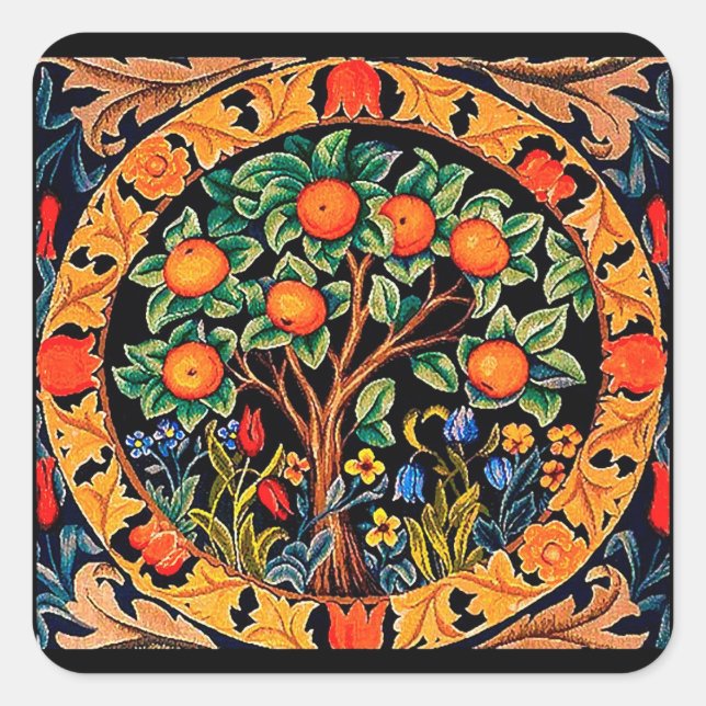 ORANGE TREE WITH GREEN LEAVES,FLOWERS SQUARE STICKER (Front)
