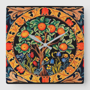 ORANGE TREE WITH GREEN LEAVES,FLOWERS SQUARE WALL CLOCK