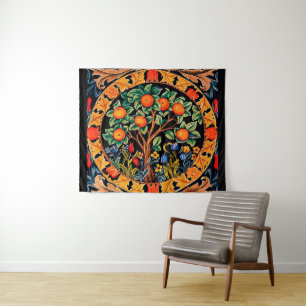 ORANGE TREE WITH GREEN LEAVES,FLOWERS TAPESTRY