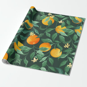 Orange trees, branches with flowers on a green bac wrapping paper