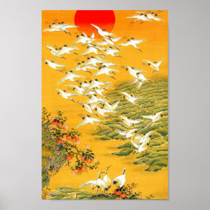 Orange Trees, Sunset and Cranes Vintage Asian Art Poster