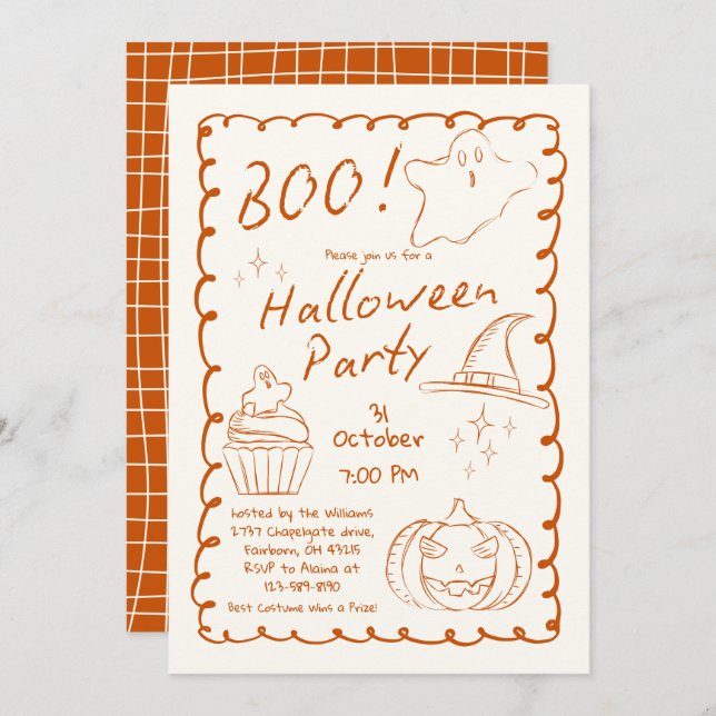 Orange Trendy Hand Drawn Sketchy Halloween Party   Invitation (Front/Back)