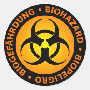 Orange Trilingual Biohazard Warning Classic Round Sticker