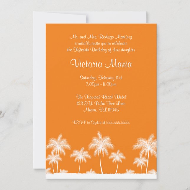 Orange Tropical Beach Palm Tree Quinceanera Party Invitation (Front)