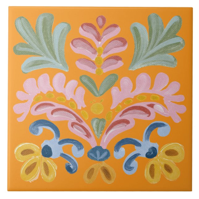 Orange Tropical Flower Unique Ceramic Tile (Front)