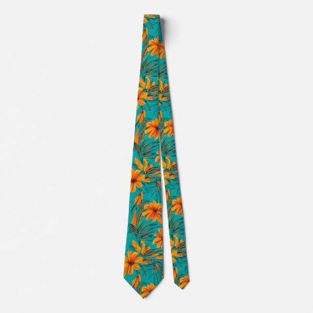 Orange Tropical Flowers | Turquoise Tie (Front)
