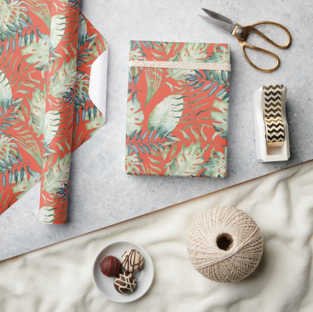 Orange Tropical Green Leaves  Wrapping Paper (Crafts)