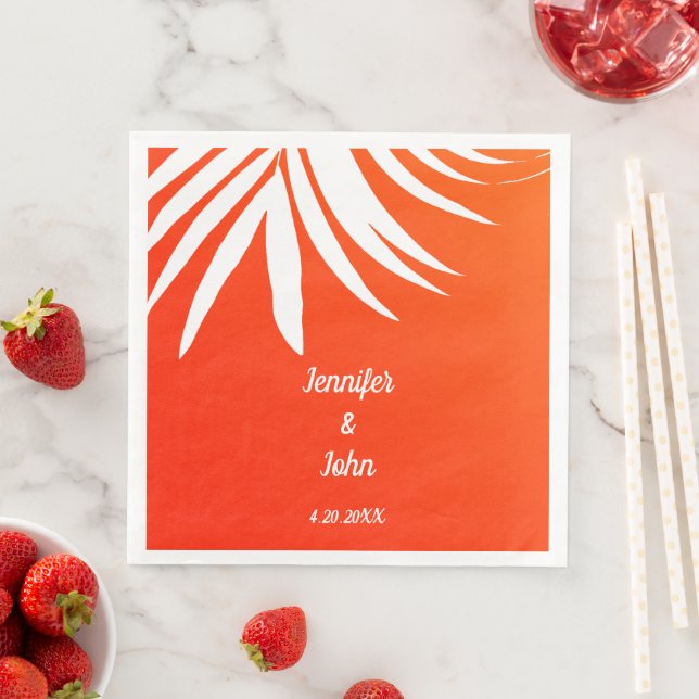 Orange Tropical Palm Leaf Sunset Beach Wedding Napkin (Insitu)