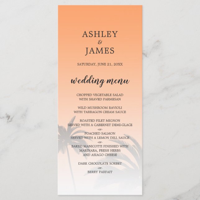 Orange Tropical Palm Tree Beach Wedding Menu (Front)