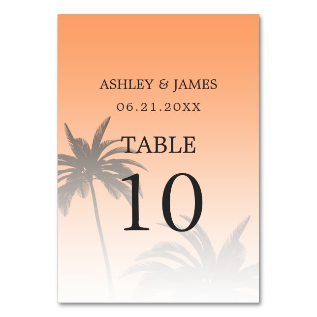 Orange Tropical Palm Tree Beach Wedding Table Number (Back)