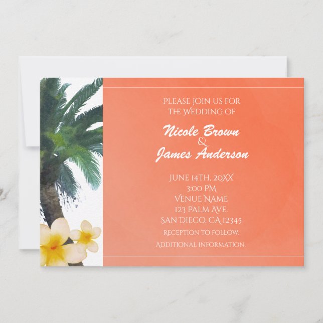 Orange Tropical Palm Tree & Plumeria Invitations (Front)