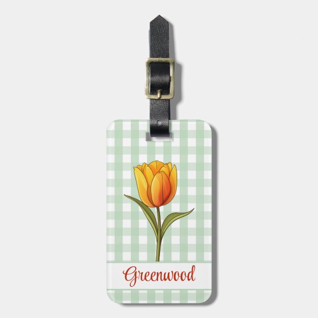 Orange Tulip, Green Gingham, Custom Luggage Tag (Front Vertical)