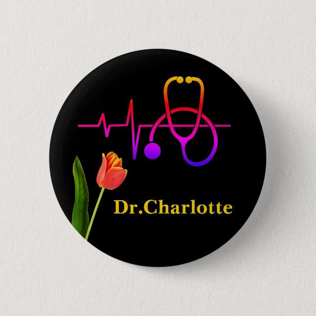 Orange Tulip Heartbeat Stethoscope Medical 6 Cm Round Badge (Front)