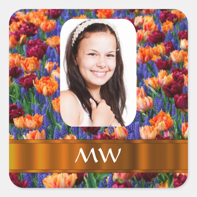 Orange tulip personalised photo square sticker (Front)