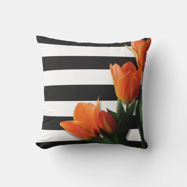 Orange Tulips & Black White Stripes Cushion (Front)