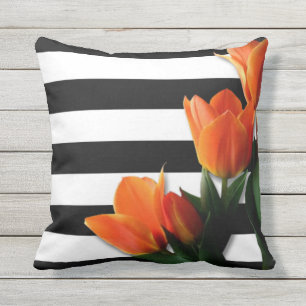 Orange Tulips & Black White Stripes Cushion