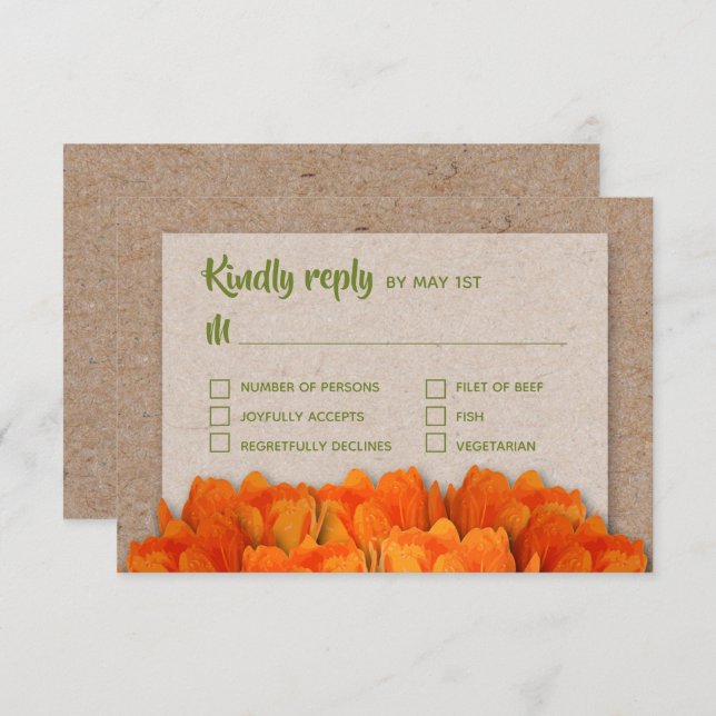 Orange Tulips on Kraft Wedding RSVP Cards (Front/Back)