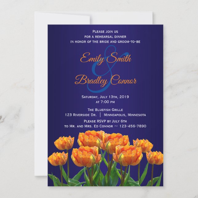 Orange Tulips on Navy Blue Custom Rehearsal Dinner Invitation (Front)