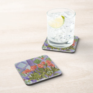 ORANGE TULIPS WITH PURPLE LATTICE COASTERS