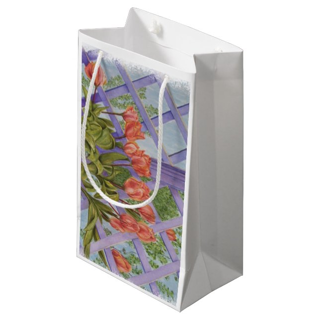 ORANGE TULIPS WITH PURPLE LATTICE GIFT BAG (Front Angled)