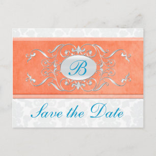 Orange, Turquoise, and Grey Damask Save the Date Announcement Postcard