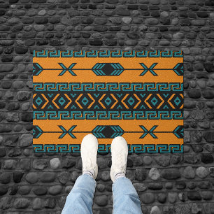 Orange Turquoise Aztec Pattern Southwest Tribal Doormat