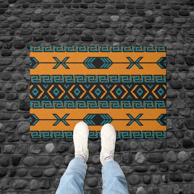 Orange Turquoise Aztec Pattern Southwest Tribal Doormat (Creator Uploaded)