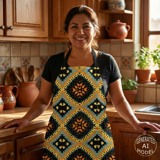 Orange Turquoise Black Ethnic Boho Pattern Apron (Creator Uploaded)