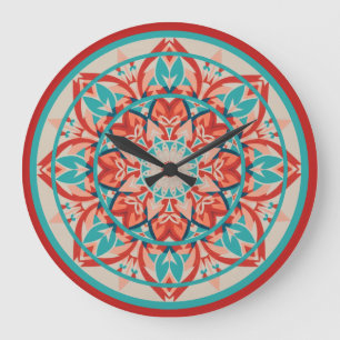 Orange & Turquoise Boho Mandala Large Clock