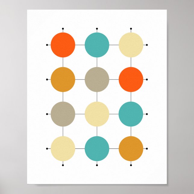 Orange Turquoise Cream Tan Circles on Grid Poster (Front)