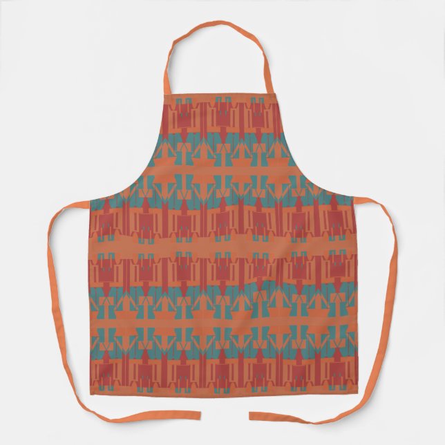 Orange Turquoise Dark Red Mediterranean Rows Motif Apron (Front)
