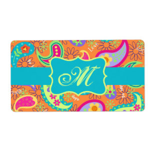 Orange Turquoise Modern Paisley Pattern Monogram
