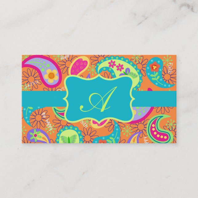 Orange Turquoise Modern Paisley Pattern Monogram Business Card (Front)