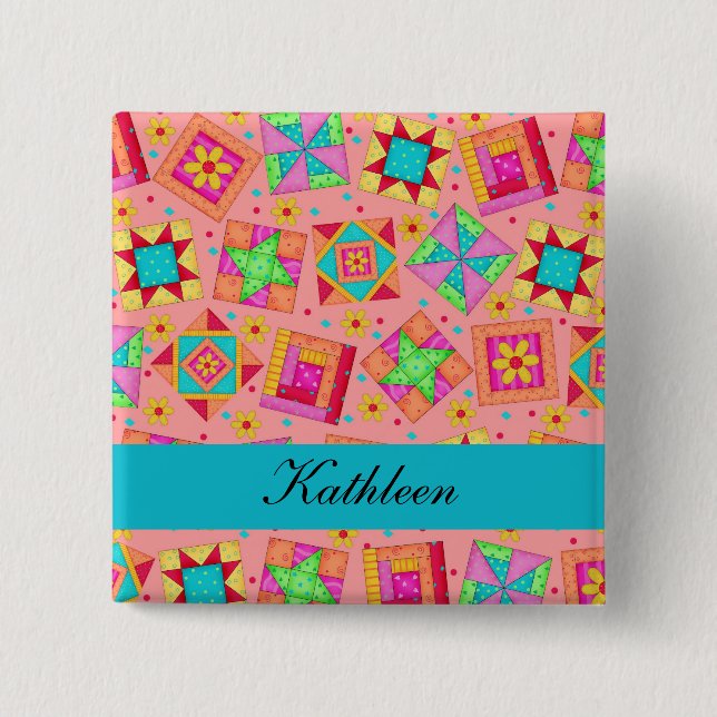 Orange Turquoise Patchwork Quilt Blocks Name Badge (Front)