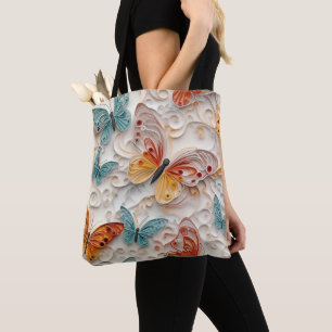 ORANGE & TURQUOISE PRETTY QUILL ART BUTTERFLIES TOTE BAG