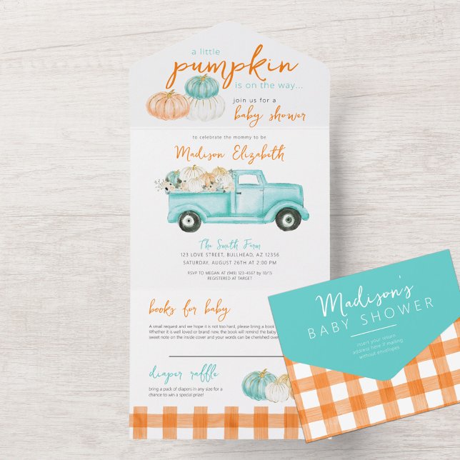 Orange & turquoise Pumpkin Truck Baby Shower All In One Invitation (Creator Uploaded)