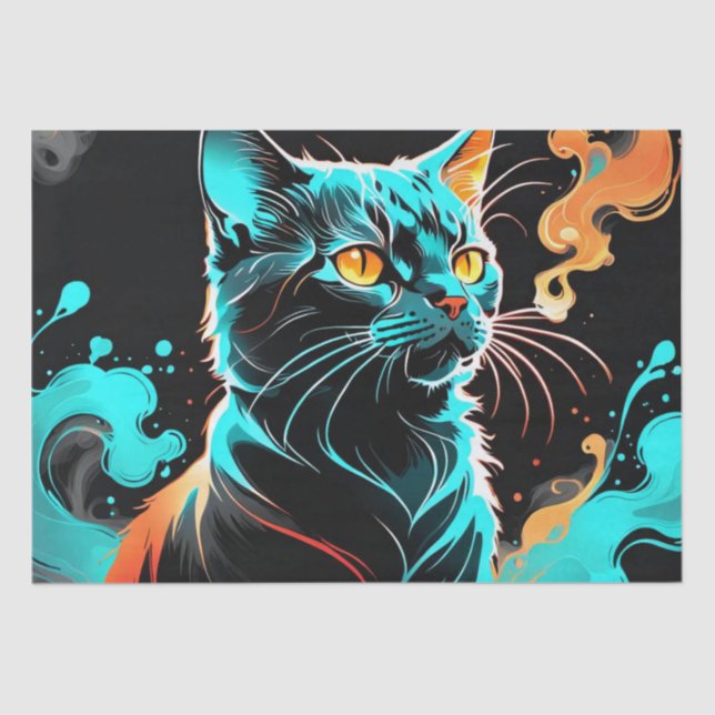 Orange, Turquoise smoke Black Cat Decoupage Tissue Paper (Front)