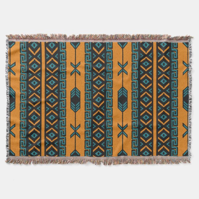 Orange Turquoise  Southwest  Aztec Pattern Throw Blanket (Front)