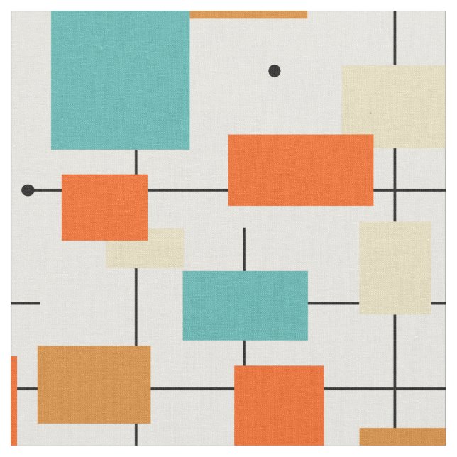Orange Turquoise Squares Lines Mid Century Modern Fabric (Close Up)