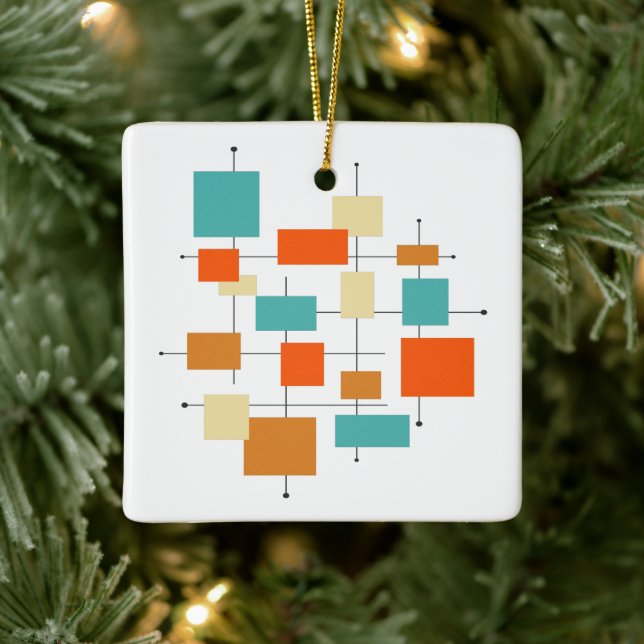 Orange Turquoise Squares Mid Century Christmas Ceramic Ornament (Tree)