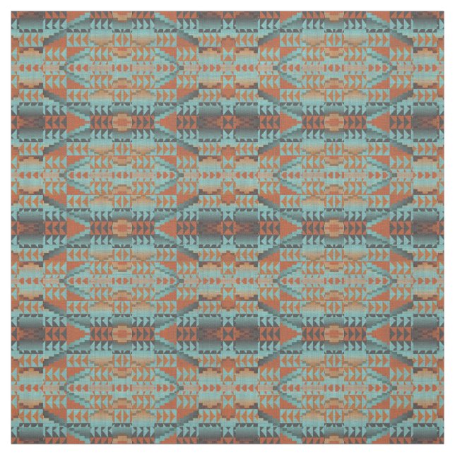 Orange Turquoise Teal Blue Aztec Mosaic Pattern Fabric (Swatch)